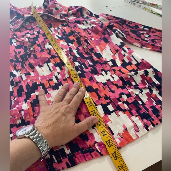 Cotton Stretch Jacket Pockets Statement Collar Zip Designer Pink Blue Print - Picture 13 of 15